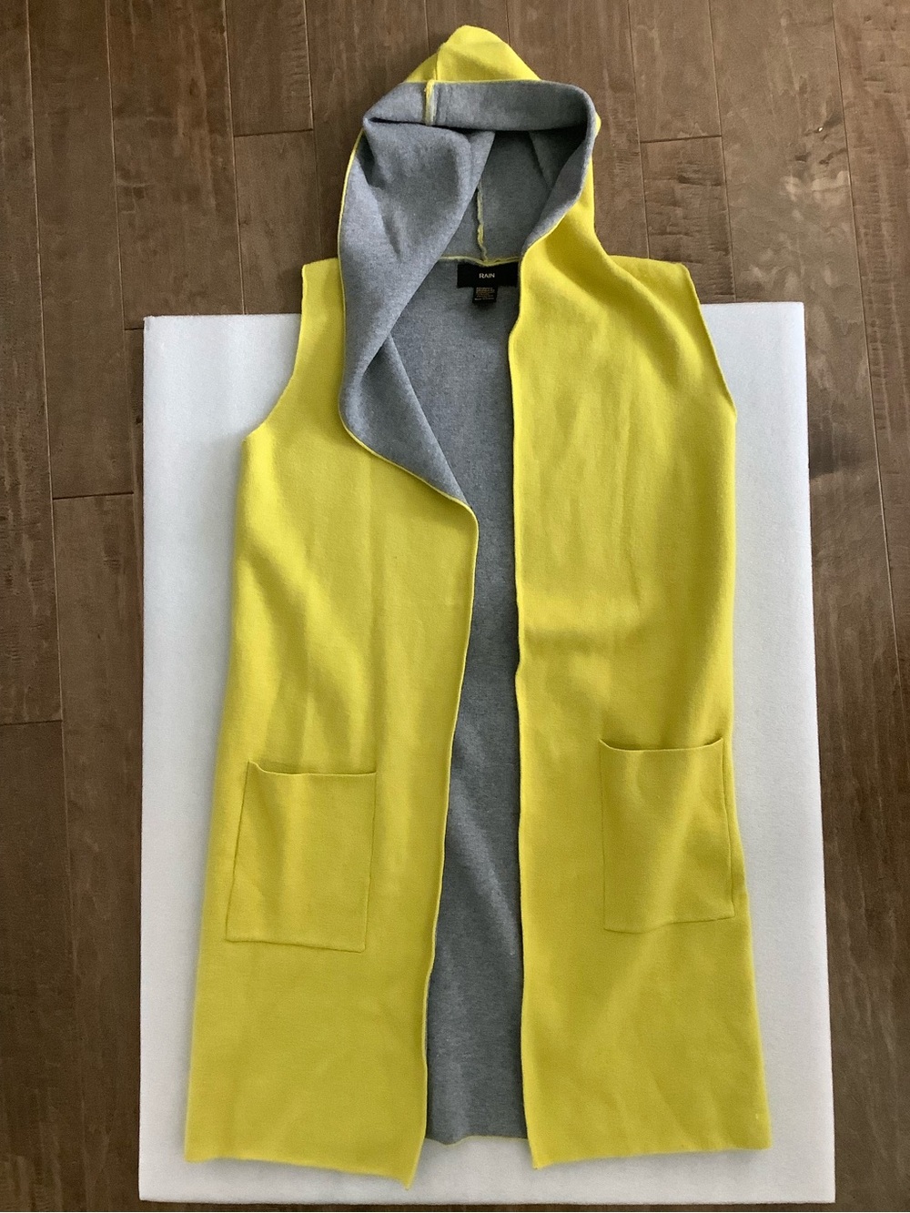 Sleeveless Hooded Longline Vest in Yellow with Gray Lining